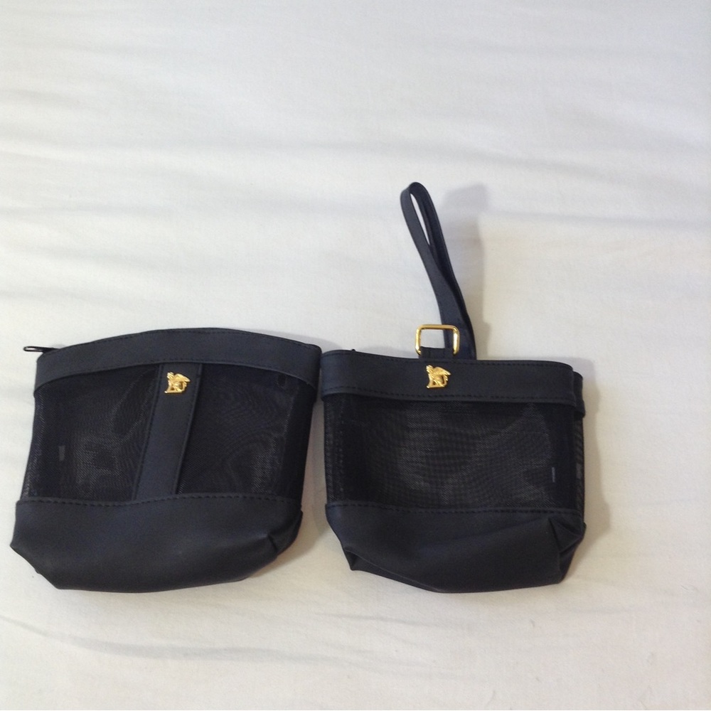 2 small black Montiel Paris pouches Sphinx logo Cosmetic Travel Organizer Office